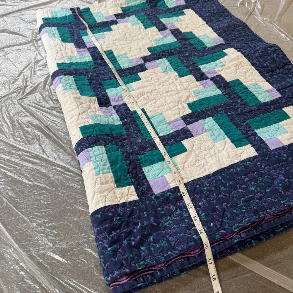 Handmade Vintage Quilt 76x54 Blue Teal Purple Log Cabin Patchwork Geometric 90s